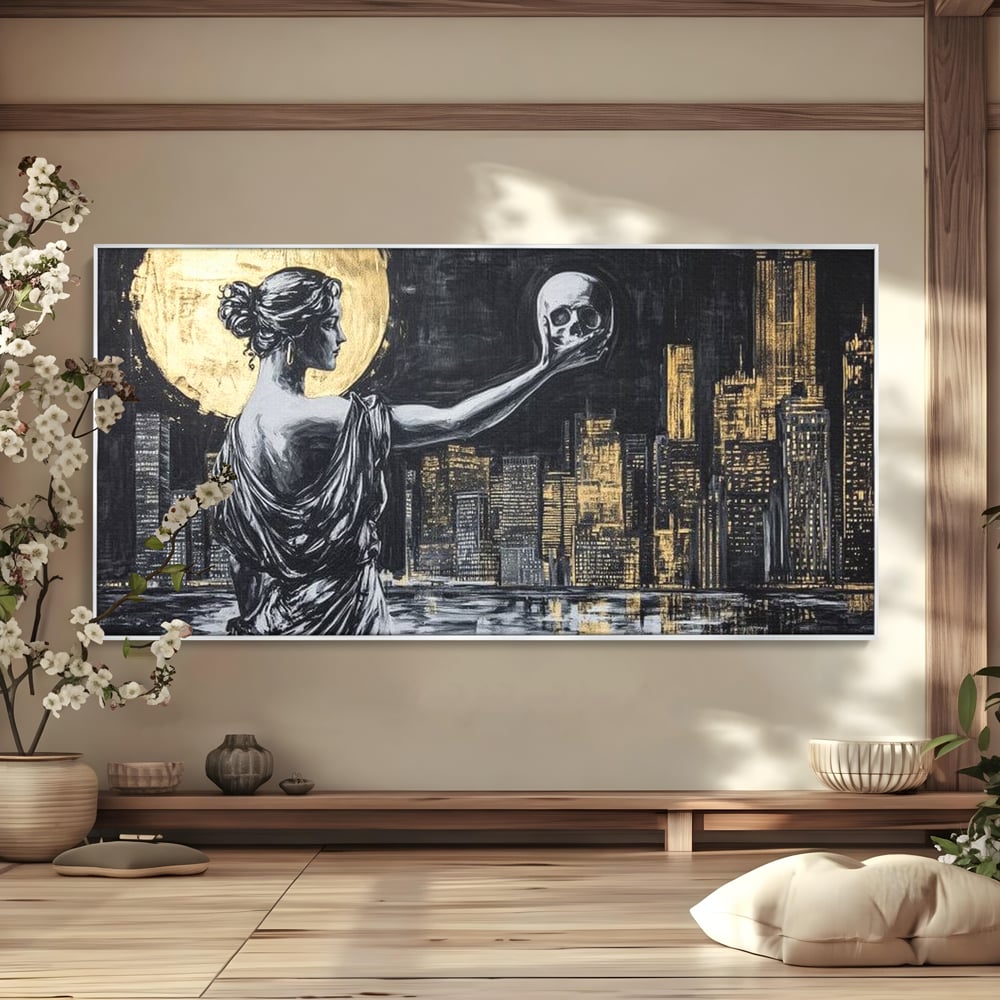 Tablou canvas cu tablou canvas cu femeie si craniu, in rama de aluminiu argintiu
